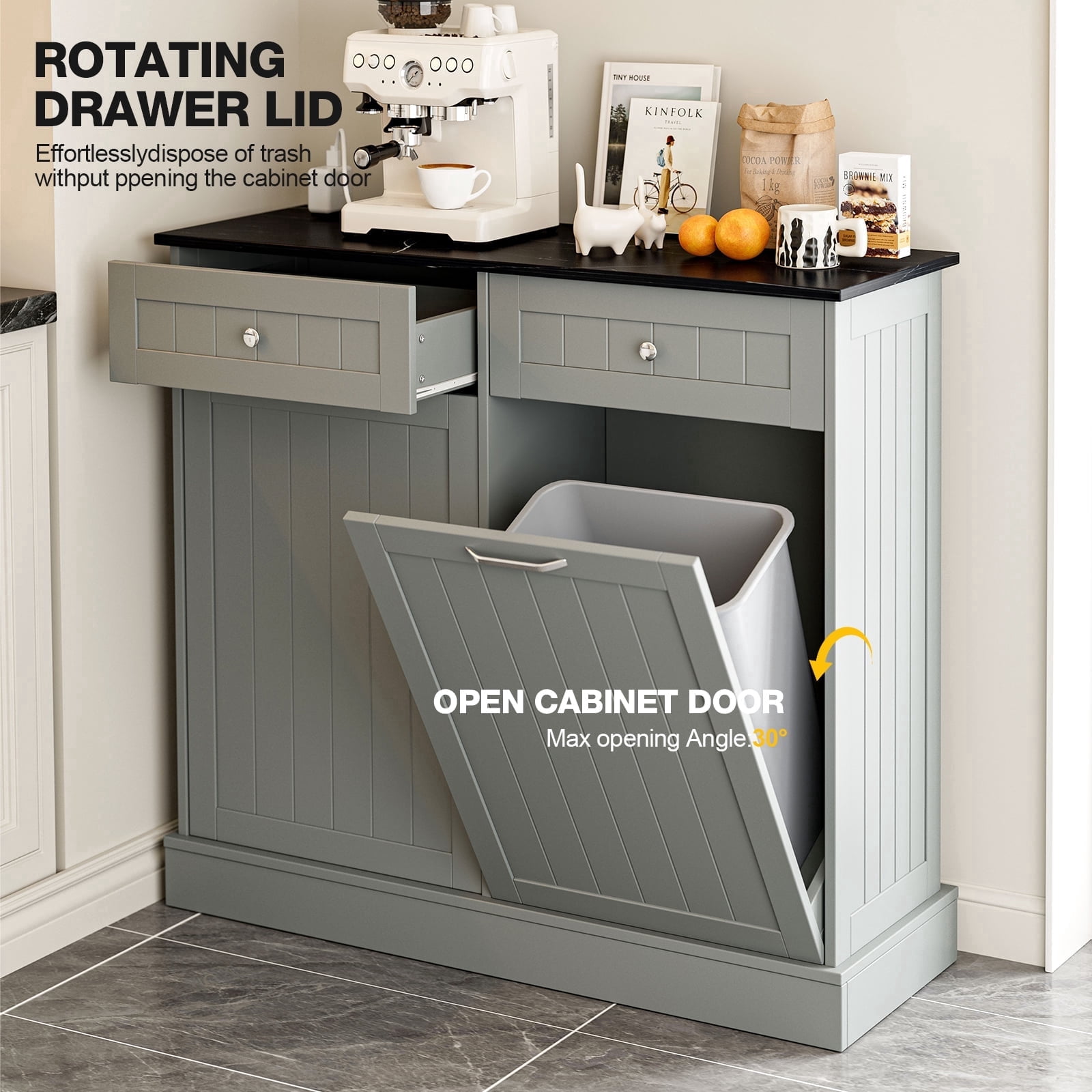Double Tilt Out Trash Cabinet with Charging Station, Upgrade Wooden Free Standing Trash Cabinet with Outlet, Recycling Cabinet with Hideaway Drawer, 20 Gallon Tilt Out Trash Cabinet(Grey)