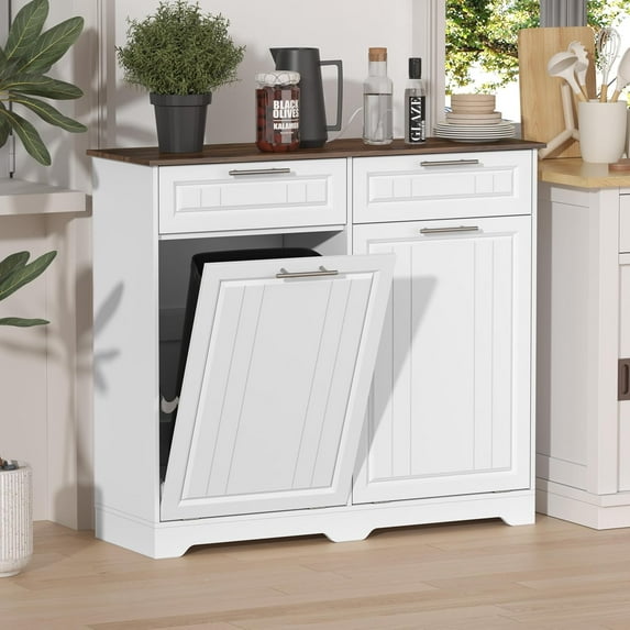 Double Tilt Out Trash Can Cabinet, 2 x 10 Gallon Hidden Laundry Hamper Cabinet with Storage Drawers, Garbage Can Holder for Kitchen, Bathroom, White