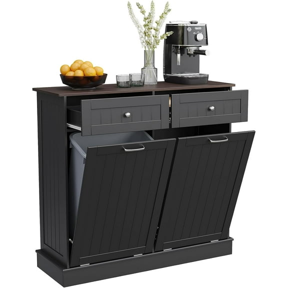 Double Tilt Out Trash Can Cabinet, Recycling 20 Gallon Garbage Can Cabinet with Drawer for Kitchen, Free Standing Tilt Out Laundry Hamper, Black