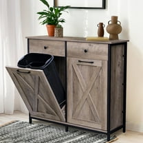 Double Tilt Out Trash Cabinet 20 Gal, Kitchen Wooden Recycling Cabinet, Hidden Trash Can Holder w/Drawers & Tabletop, Dog-Proof Trash Bin Cabinet, Trash Bins NOT Included(Gray)
