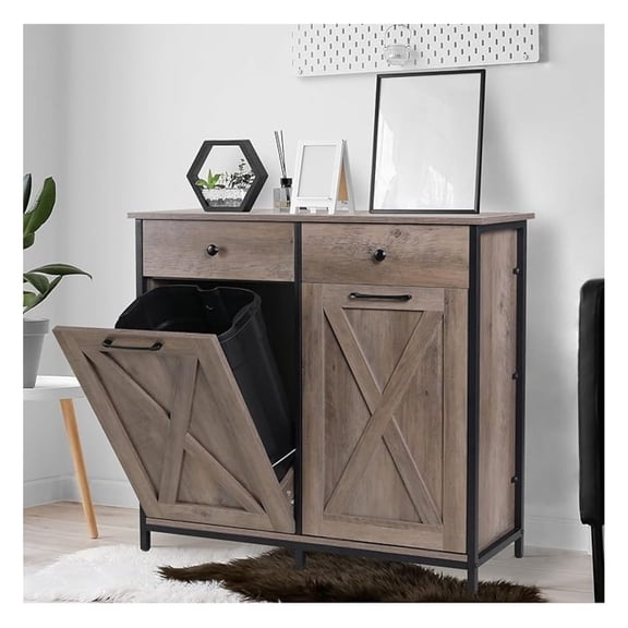 Double Tilt Out Trash Cabinet, 20 Gallon Pet Proof Kitchen Pull Out Recycle Cabinet, Freestanding Wooden Laundry Sorter with Drawer, Barn Door Style for Home, Living Room (Greige)