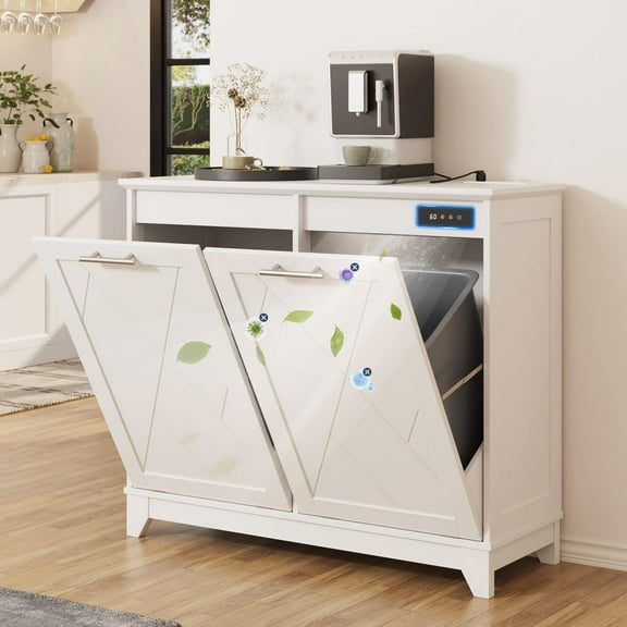 Double Tilt Out Trash Cabinet, Free Standing 10 Gallon Recycling Trash Can Cabinet with Negative Ion and Deodorizing Function, for Kitchen Living Room, White