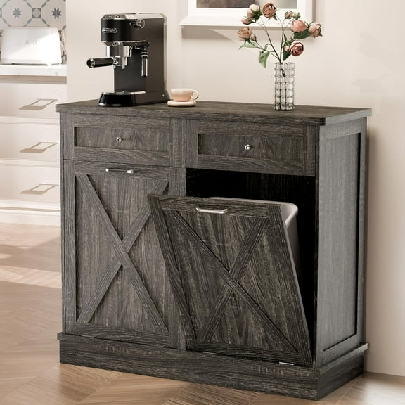 Double Tilt Out Trash Cabinet Free Standing 10 Gallon Wooden Dual Trash Can Cabinet with Barn Door for Farmhouse Kitchen,Living Room, Dining Room, Oak Grey