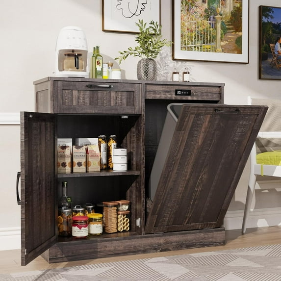 Double Tilt Out Trash Cabinet, Kitchen Island with Trash Storage, Trashcan Cabinet for Kitchens, Wood Cabinet with Trash Can Pull Out, Dog Proof Trash Can (Dusty Brown-Single, Single/Double)