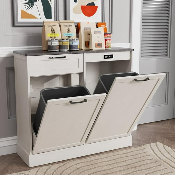Double Tilt Out Trash Cabinet, Kitchen Island with Trash Storage, Trashcan Cabinet for Kitchens, Wood Cabinet with Trash Can Pull Out, Dog Proof Trash Can (Off White-Double, Single/Double)