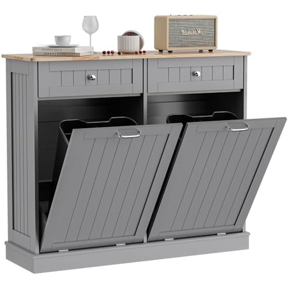 Double Tilt Out Trash Cabinet Kitchen Waste Bins,Laundry Hamper Tilt Out Trash Can Cabinet 2 * 13 Gallon Pet Proof Trash Can for Kitchen (Grey)$$Storage