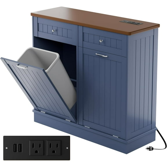 Double Tilt Out Trash Cabinet with Power Outlet, 10 Gallon Trash Cabinet with Storage,Pet Proof Trash Can with 2 AC & USB Sockets for Kitchen,Living Room (Blue)