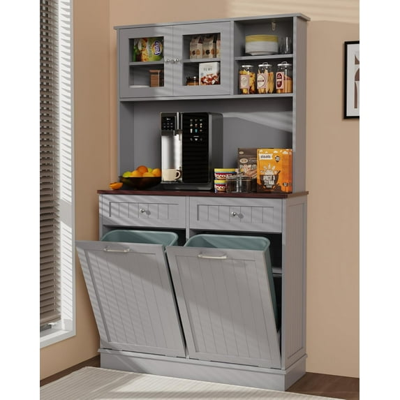 Double Tilt Out Trash Cabinet Storage Cabinet 20 Gallon with Two Solid Wood Hideaway Trash Holder Drawers, Dual Wooden Free Standing Recycling Cabinets Trash Can Bin Kitchen (Gray)