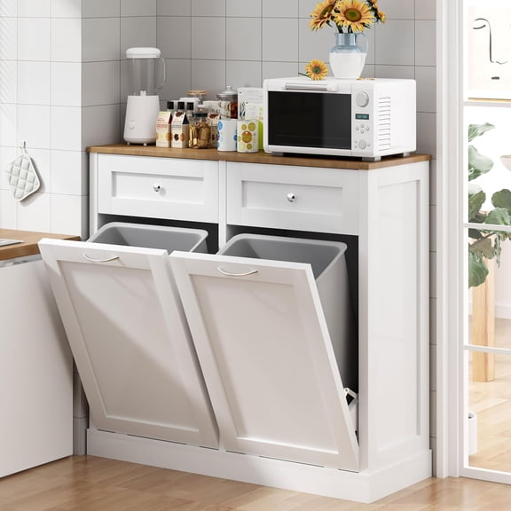 Double Tilt Out Trash Cabinet, Wooden Standing Trash Can, Laundry Hamper, Recycling Cabinet with 2 Drawers, 10 Gallon Hidden Kitchen Trash Bin (White)