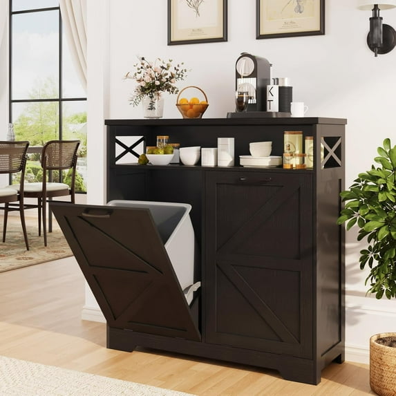 Double Tilt Out Trash Can Cabinet for 13 * 2 Gallon Garbage Can, Farmhouse Kitchen Garbage Trash Bin for Hidden Laundry Basket, Dual Dog Proof Recycling Cabinet for Dining Living Room, Black