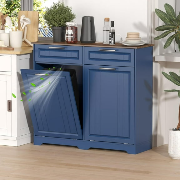 Double Tilt Out Trash Can Cabinet with Deodorizing Function & Charging Station, 2 x 10 Gallon Hidden Laundry Hamper Cabinet with Storage Drawers, Garbage Can Holder for Kitchen, Bathroom, Blue