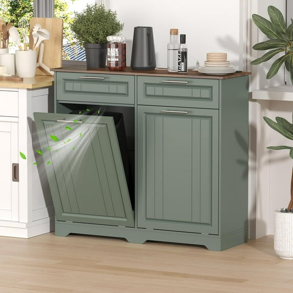 Double Tilt Out Trash Can Cabinet with Deodorizing Function & Charging Station, 2 x 10 Gallon Hidden Laundry Hamper Cabinet with Storage Drawers, Garbage Can Holder for Kitchen, Bathroom, Green