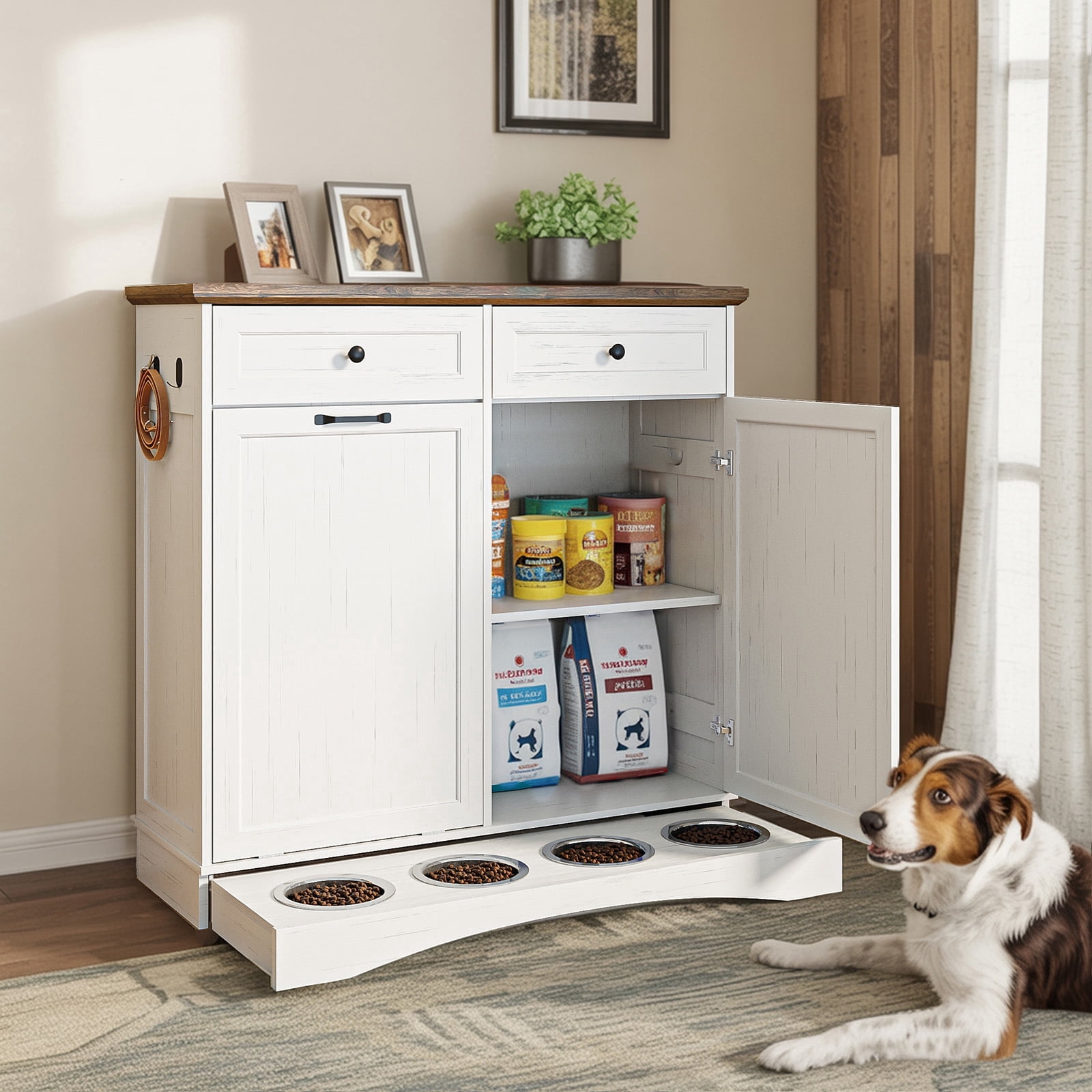 Double Tilt Out Trash Can Cabinet with Dog Bowl, 10 Gallons Dog Food Storage Cabinet, Hidden Trash Can Cabinet with Hideaway Drawer for Kitchen, Living Room (White, Double Door)