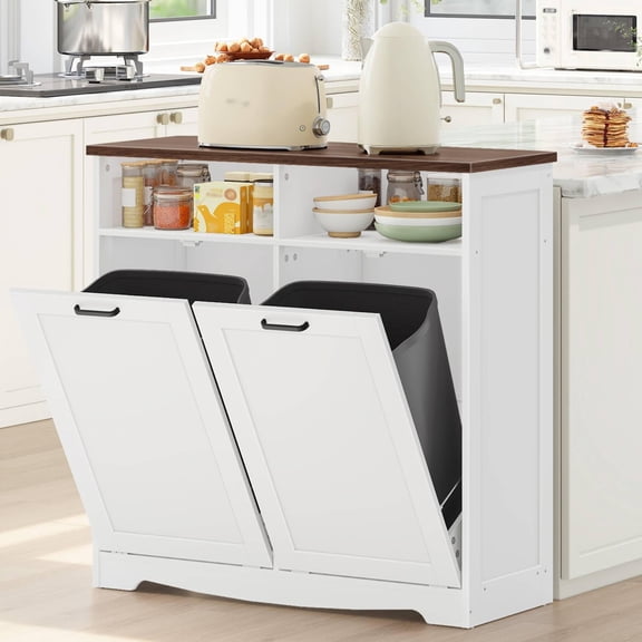Double Tilt Out Trash Can Cabinet Twenty Gallon Kitchen Waste Bin Holder Hidden Garbage Storage Organizer With Open Compartments Freestanding Wooden Laundry Hamper For Home Pet Proof White Natural