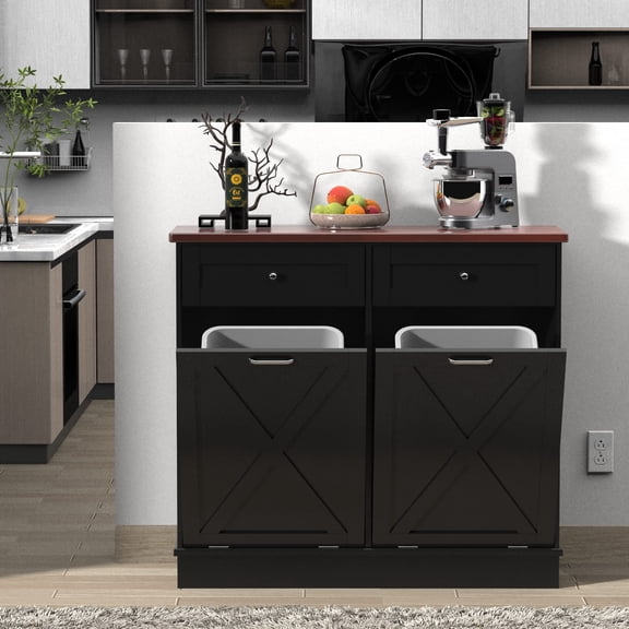 Double Tilt Out Trash Can Cabinet Wood Hidden Garbage Bin Enclosure For 10 Gallon Cans With Sliding Barn Doors And Solid Wood Top, Farmhouse Kitchen Storage Organizer Pet Proof Odor Blocking, Black