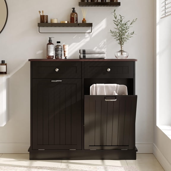 Double Tilt Out Trash Can Cabinet Wood Hidden Garbage Storage Bin Enclosure With Two Hideaway Drawers, Freestanding Kitchen Sideboard Laundry Hamper Recycler Station Pet Proof, Black
