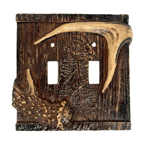 Double Toggle Decorative Light Switch Cover Plate with Faux Wood and Antler Accents - Rustic Electrical Switch Plate for Lodge Cabin - Ideal for Outdoor Nature-Theme Lovers