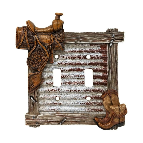 Double Toggle Decorative Light Switch Cover Plate with Saddle and Boots Accents - Rustic Electrical Switch Plate for Lodge Cabin House Style Ideal for Western Cowboy Theme Enthusiasts