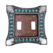 Double Toggle Switch Decorative Wall Plate 2-Gang - Light Switch Cover in Southwest Tooled Leather and Hand-Painted Faux Turquoise Gemstone Design - Soutwestern & Inspired Home D cor