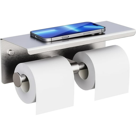 Double Toilet Paper Holder with Shelf, Wall Mount Tissue Roll Holder for Bathroom, 304 Stainless Steel Commercial Toilet Paper Dispenser with Phone Shelf, Matte Black