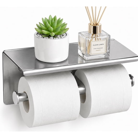 Double Toilet Paper Holder with Shelf, Stainless Steel Toilet Tissue Roll Holder Wall Mount for Bathroom, Brushed Nickel