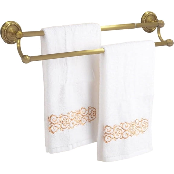 Double Towel Bar, Antique Brass Bathroom Racks Wall Mounted, Adjustable Vintage Gold Bar Fits 16.4 to 27.8 Inch Space, Heavy Duty Rustproof Rod Holder for Kitchen Laundry