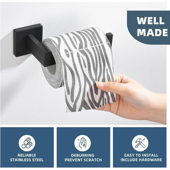Double Towel Hook Bundle with Toilet Paper Holder, Square Towel Ring (Matte Black)