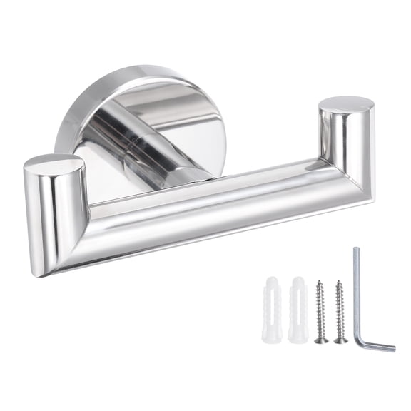 Double Towel Hook, Stainless Steel Coat Hook, Wall Mount Robe Hooks Hand Towel Hanger Bright Silver