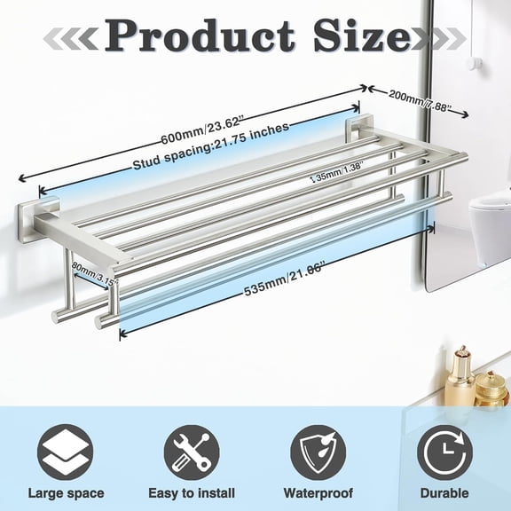 Double Towel Rack for Bathroom, 24 Inch Bathroom Tower Holder Towel Shelf with Double Towel Bars Wall Mount, SUS304 Stainless Steel Towel Hanger Double Tower Bar for Bathroom Wall, Brushed Nickel