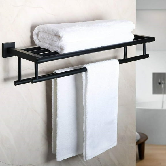 Double Towel Rack for Bathroom Wall Mounted,24 Inch Bathroom Tower Holder Black Towel Rack with Double Towel Bars,SUS304 Stainless Steel Towel Bar Towel Rack with Shelf,Matte Black