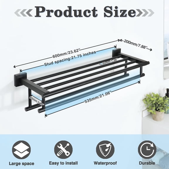 Double Towel Rack for Bathroom Wall Mounted, 24 Inch Bathroom Tower Holder Black Towel Rack with Double Towel Bars, SUS304 Stainless Steel Towel Bar Towel Rack with Shelf, Matte Black