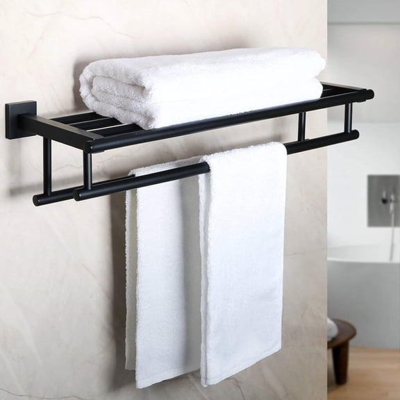 Double Towel Rack for Bathroom Wall Mounted,24 Inch Tower Holder Black with Bars,SUS304 Stainless Steel Bar Shelf,Matte