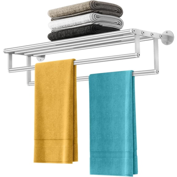 Double Towel Racks for Bathroom Rack with Shelf, 24 Inch Bars, Wall Mount Holder Lavatory, Stainless Steel Rod(Brushed Nickel)