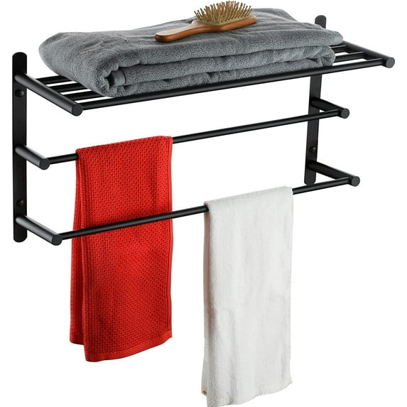 Double Towel bar with Shelf 3 Tier Towel Rack with Single Towel Bar Bathroom Towel Rack Storage Organizer Wall Mounted Stainless Steel, Matte Black, B5003BK