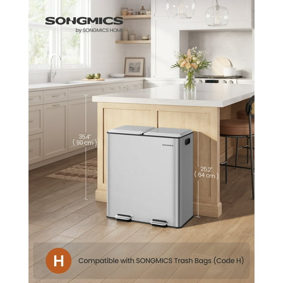 Double Trash Bin, 16 Gallon Stainless Steel Trash Can, Soft-Close Lids, Double Inner Buckets, Pedals, Silver