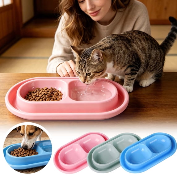 Double Tray Cat Food Bowl with Anti-Spill Design Non- Split Feeder for Food and Water Compact Pet Dish Set for Small Medium Cats