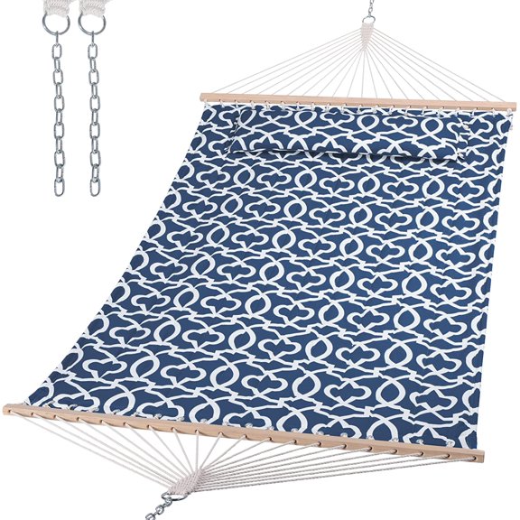 Double Tree Hammock with Hardwood Spreader Bar, Blue Pattern | Heavy Duty Hanging Hammock with Extra Large Soft Pillow for Indoor, Outdoor