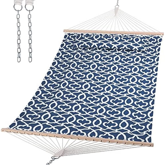 Double Tree Hammock with Hardwood Spreader Bar, Extra Large Soft Pillow, Heavy Duty Hanging Hammock for Indoor, Outdoor, Blue Pattern