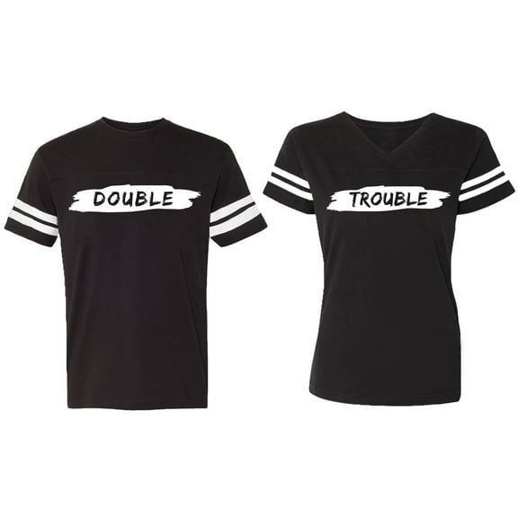 Double Trouble Matching Couple Cotton Jerseys (Men Black / Women Black) (Men S / Women M)