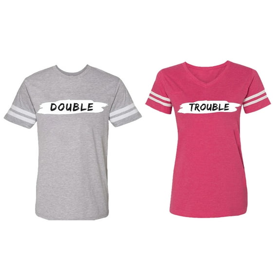 Double Trouble Matching Couple Cotton Jerseys (Men Heather / Women Pink) (Men XL / Women XXL)