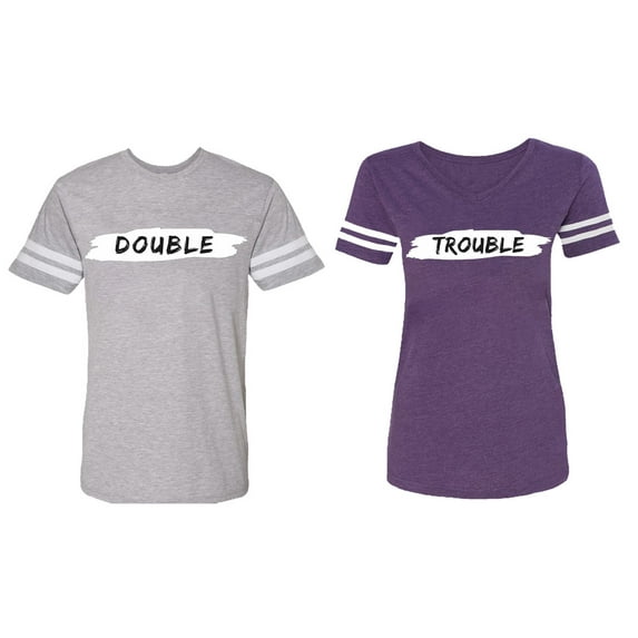 Double Trouble Matching Couple Cotton Jerseys (Men Heather / Women Purple) (Men L / Women XXL)