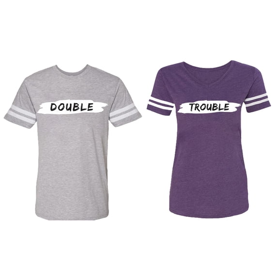 Double Trouble Matching Couple Cotton Jerseys (Men Heather / Women Purple) (Men S / Women S)