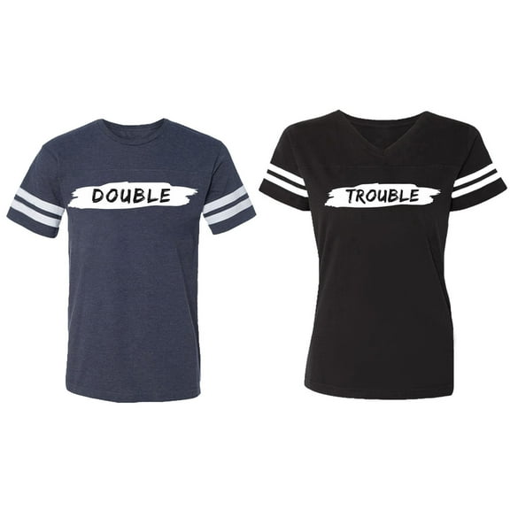 Double Trouble Matching Couple Cotton Jerseys (Men Navy / Women Black) (Men S / Women S)