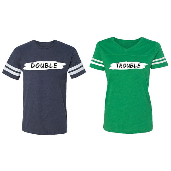 Double Trouble Matching Couple Cotton Jerseys (Men Navy / Women Green) (Men XXXL / Women XXL)