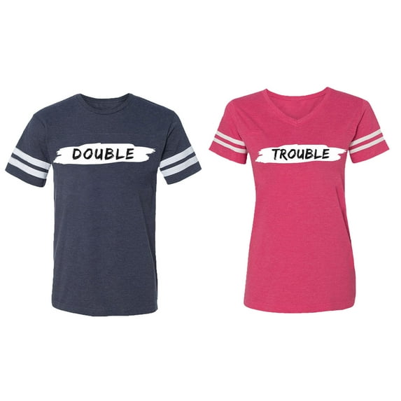Double Trouble Matching Couple Cotton Jerseys (Men Navy / Women Pink) (Men S / Women L)