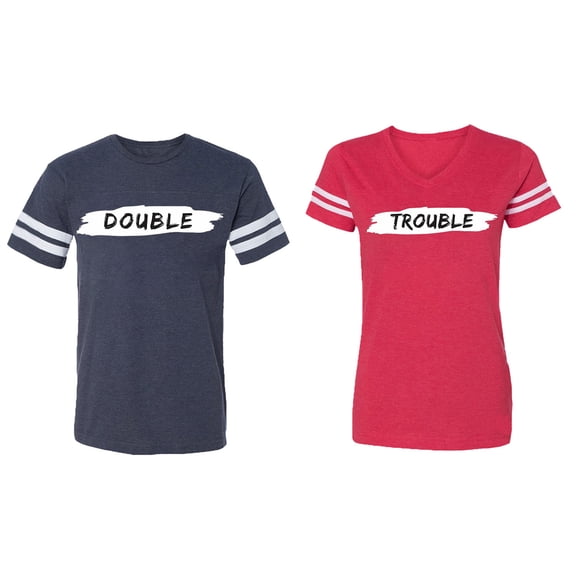Double Trouble Matching Couple Cotton Jerseys (Men Navy / Women Red) (Men M / Women L)
