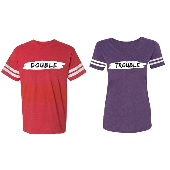 Double Trouble Matching Couple Cotton Jerseys (Men Red / Women Purple) (Men L / Women XL)