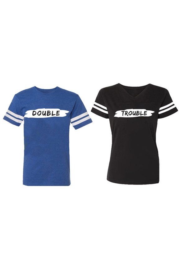 Double Trouble Matching Couple Cotton Jerseys (Men Royal / Women Black) (Men S / Women S)
