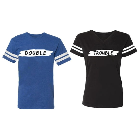 Double Trouble Matching Couple Cotton Jerseys (Men Royal / Women Black) (Men XXXL / Women XXL)