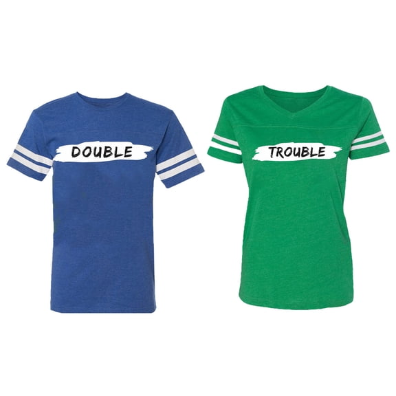 Double Trouble Matching Couple Cotton Jerseys (Men Royal / Women Green) (Men M / Women M)